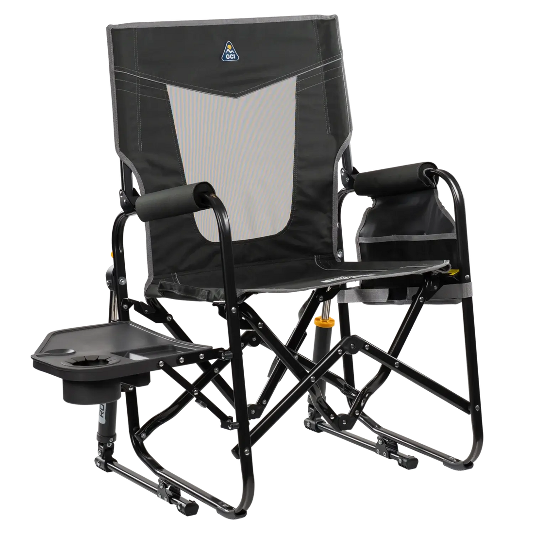 Patented Spring-Action Stowaway Rocker with Side Table - Choice 253 - Patented Spring-Action Rocking Chair for Camping - Dark Charcoal