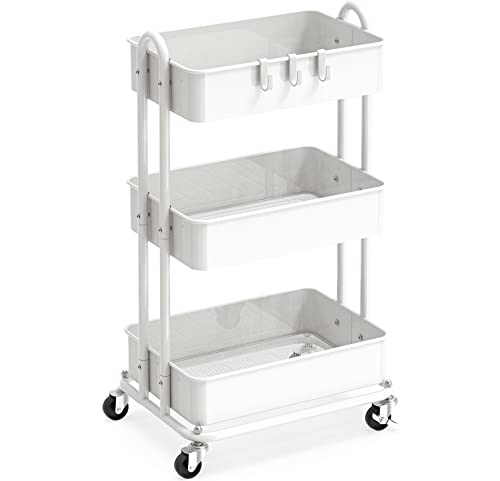 Smart Home Simple Houseware 3-Tier Heavy Duty Metal Utility Rolling Cart, White Essentials