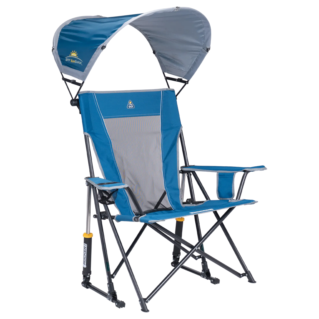 Luxury Camp SunShade Rocker - Choice 550 - Heavy-Duty Kickback Rocker with Beverage Holder - Neptune Blue