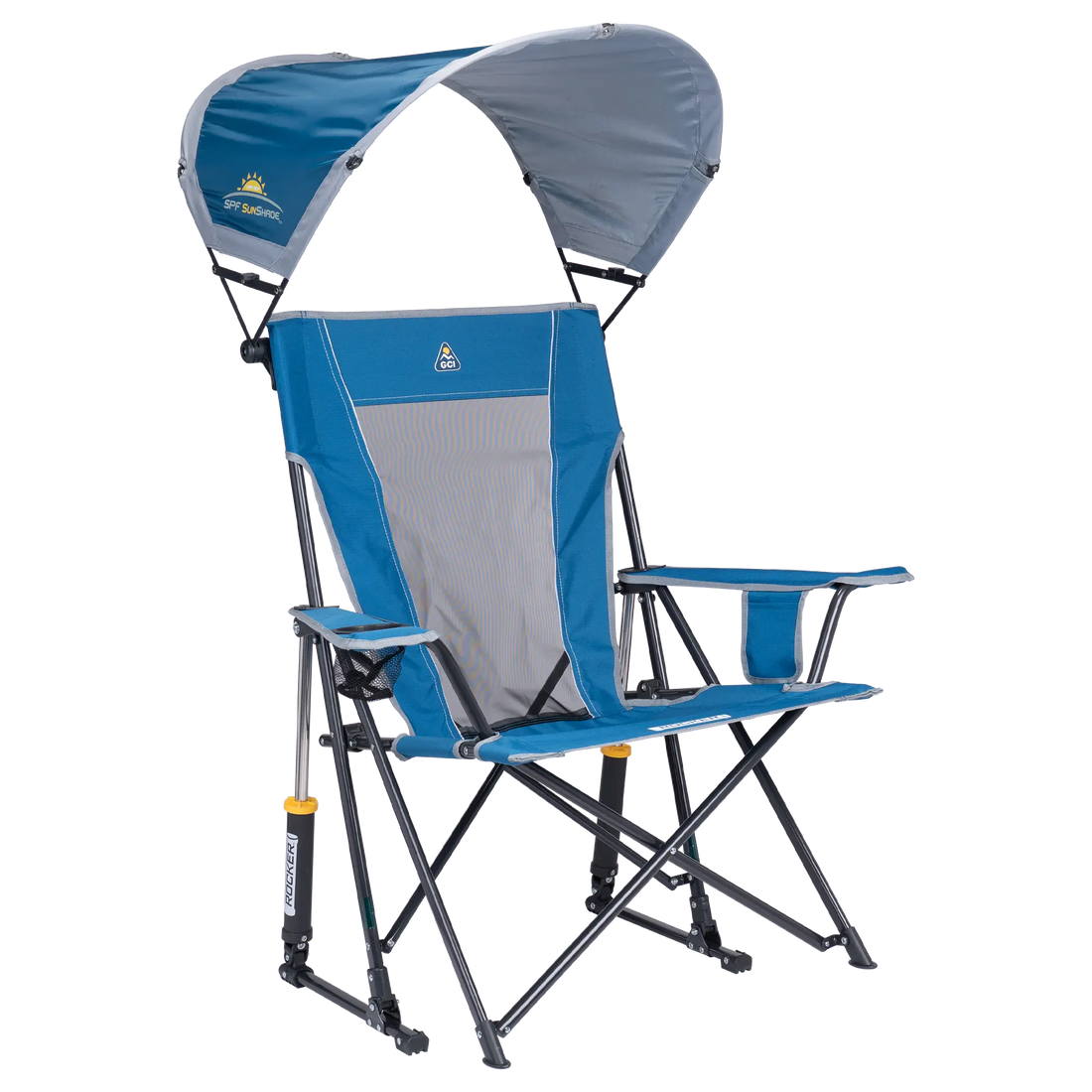 Luxury Camp SunShade Rocker - Choice 550 - Heavy-Duty Kickback Rocker with Beverage Holder - Neptune Blue