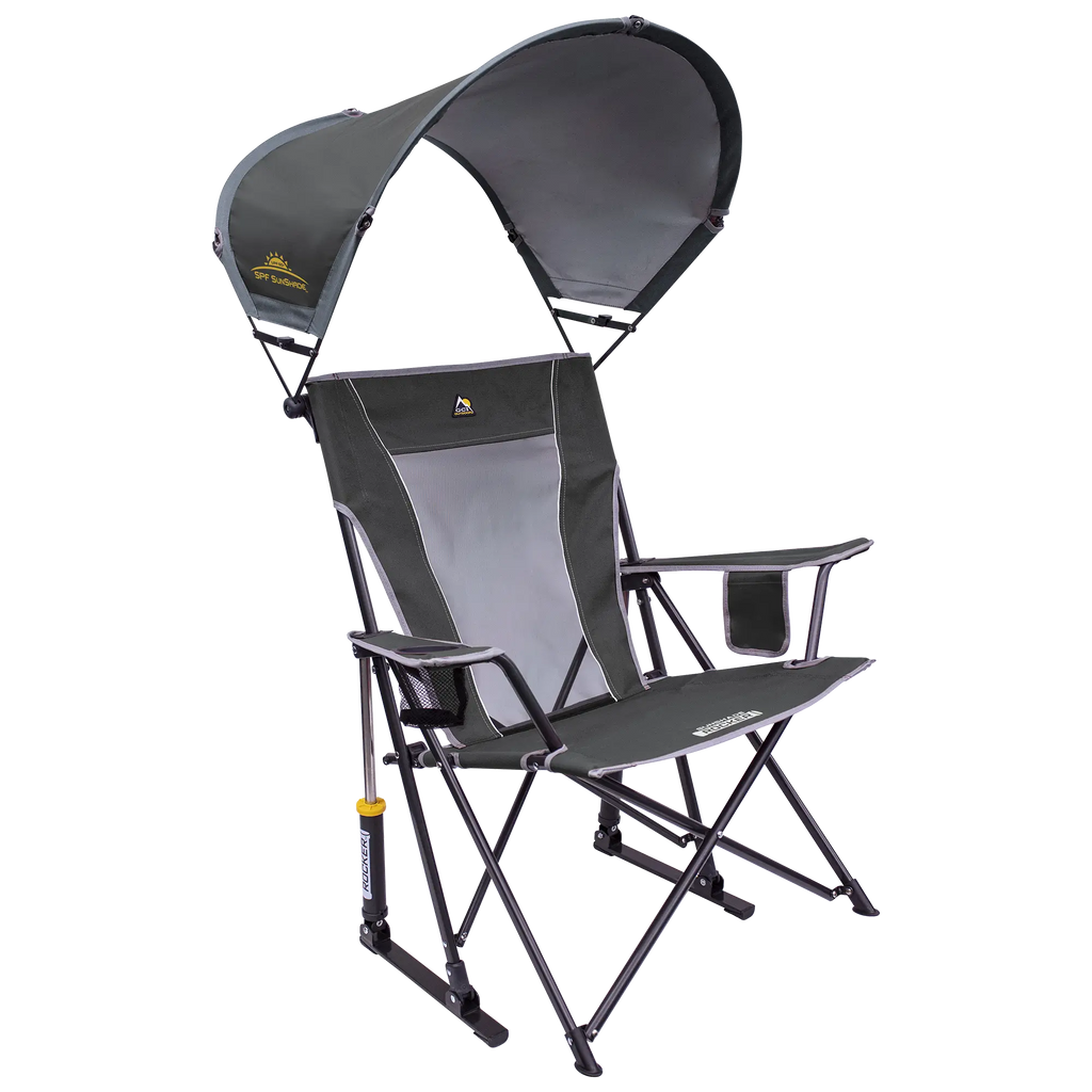 Luxury Camp SunShade Rocker - Choice 550 - Heavy-Duty Kickback Rocker with Beverage Holder - Pewter