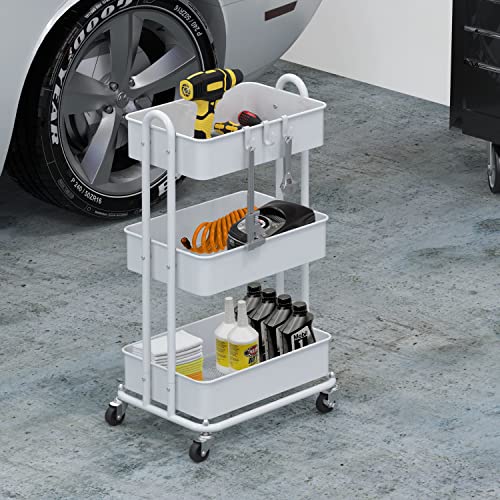 Smart Home Simple Houseware 3-Tier Heavy Duty Metal Utility Rolling Cart, White Essentials