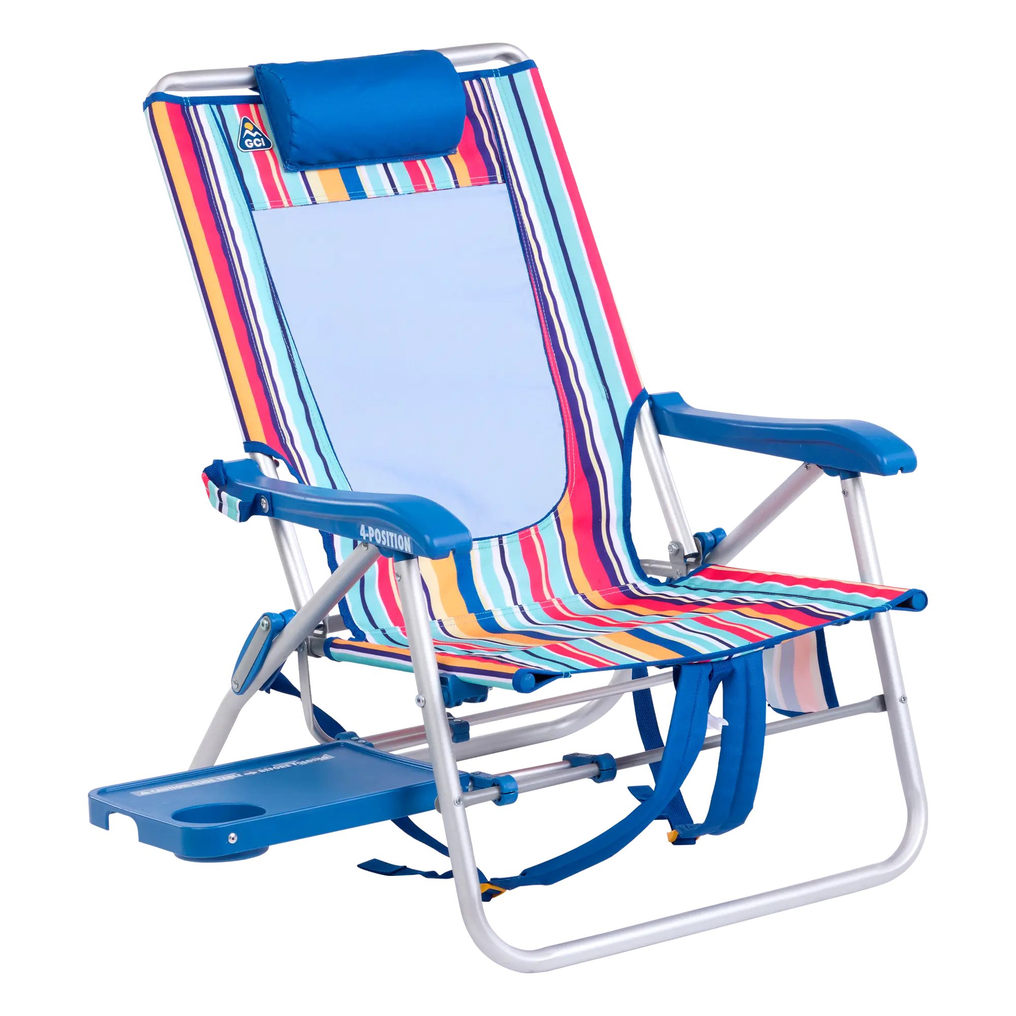 Backpack Travel Big Surf with Slide Table - Choice 334 - Low-Profile Reclining Beach Chair with Backpack Straps - Multi Stripe