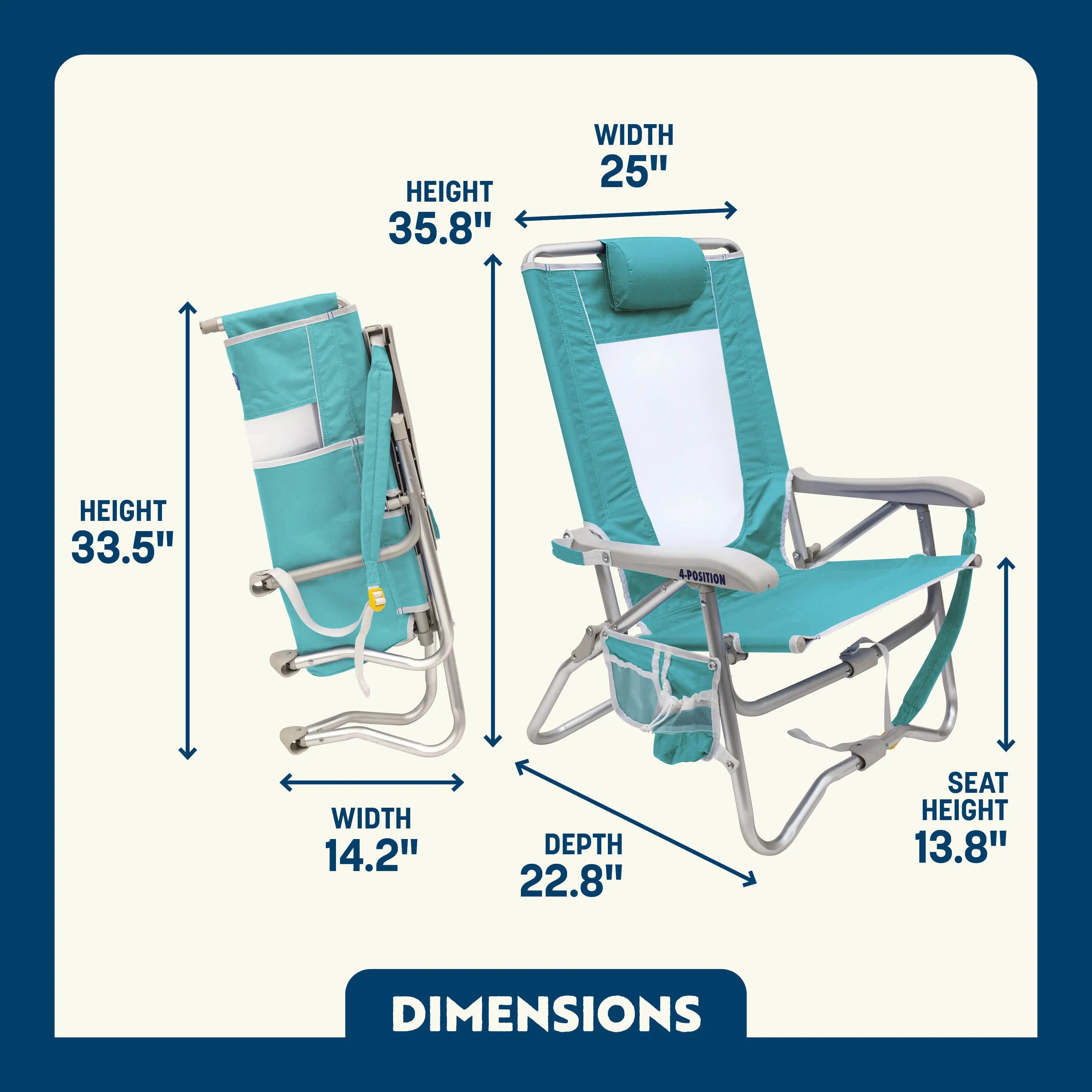 Backpack Travel Bi-Fold Beach Chair - Choice 601 - Low-Profile Reclining Beach Chair with Backpack Straps Detail
