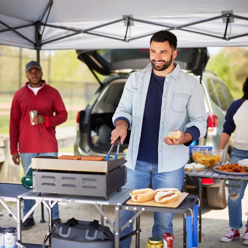Stainless Steel BBQ Slim-Fold Cook Station - Choice 575 - Multi-Purpose Outdoor Culinary Cooking Set Detail