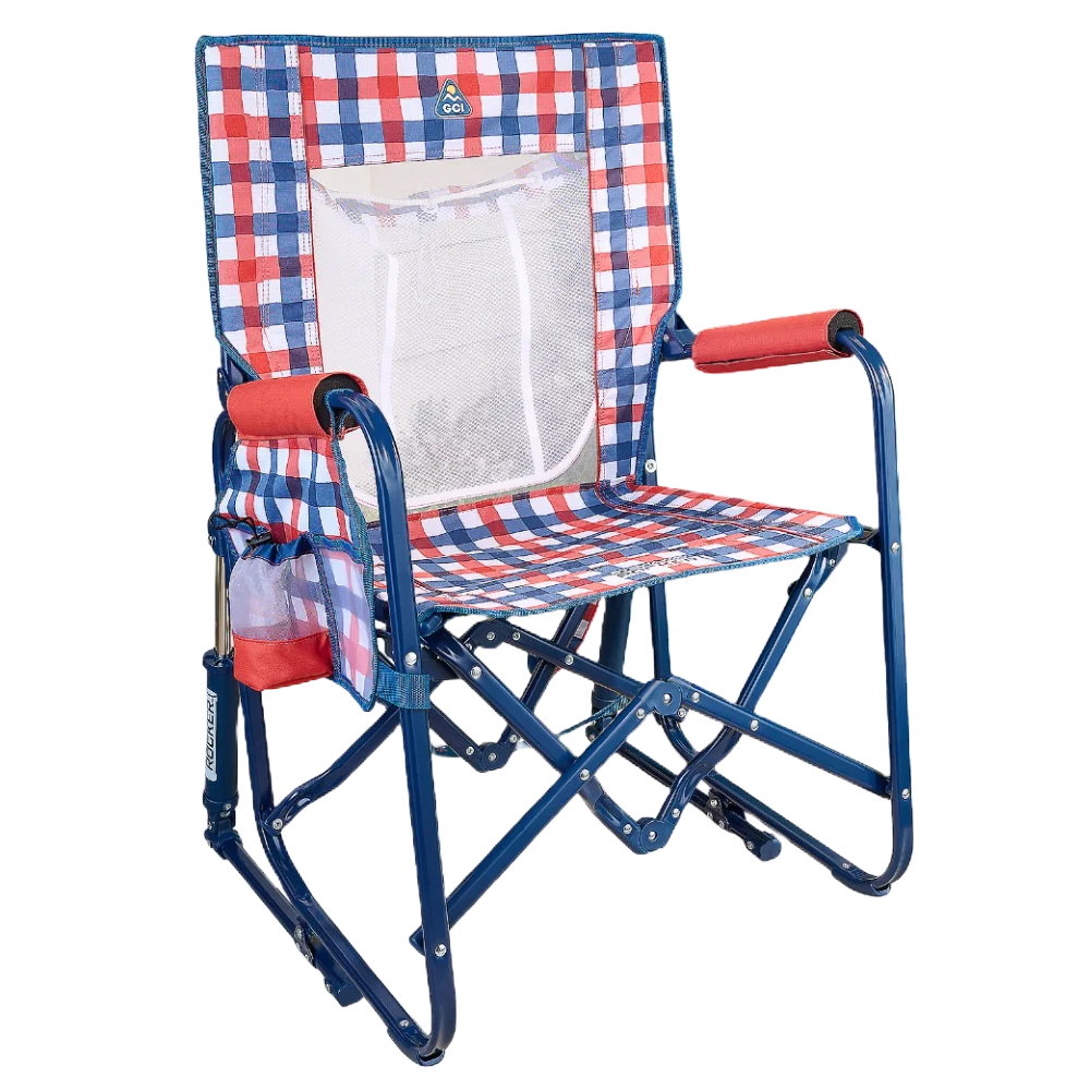Premium All-Weather Stowaway Rocker with Storage Pouch - Choice 573 - Patented Spring-Action Rocking Chair for Camping - Patriotic Plaid