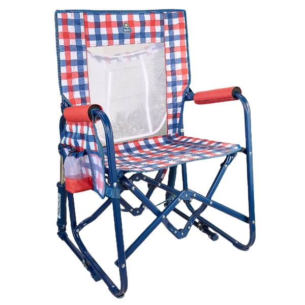 Premium All-Weather Stowaway Rocker with Storage Pouch - Choice 573 - Patented Spring-Action Rocking Chair for Camping - Patriotic Plaid