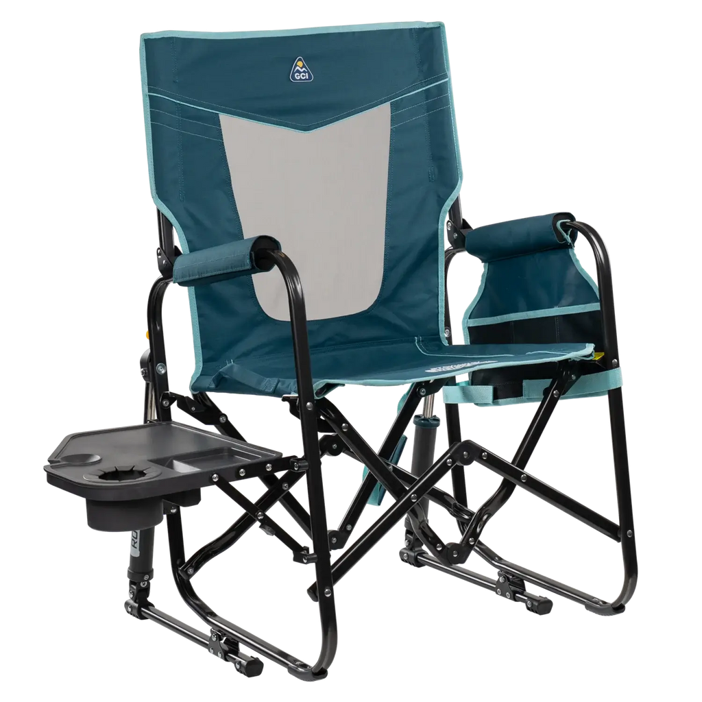 Patented Spring-Action Stowaway Rocker with Side Table - Choice 253 - Patented Spring-Action Rocking Chair for Camping - Teal