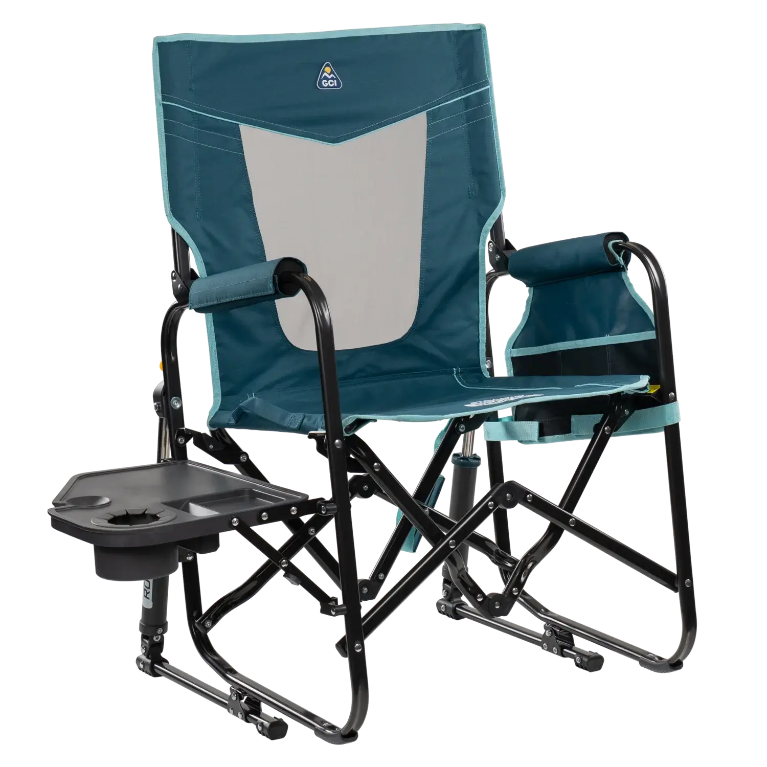 Patented Spring-Action Stowaway Rocker with Side Table - Choice 253 - Patented Spring-Action Rocking Chair for Camping - Teal